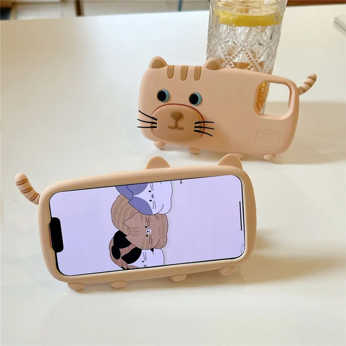 For iPhone 15 Silicone Case Cute Walking Cat Design Lens Cover Kickstand Phone Cover - 2