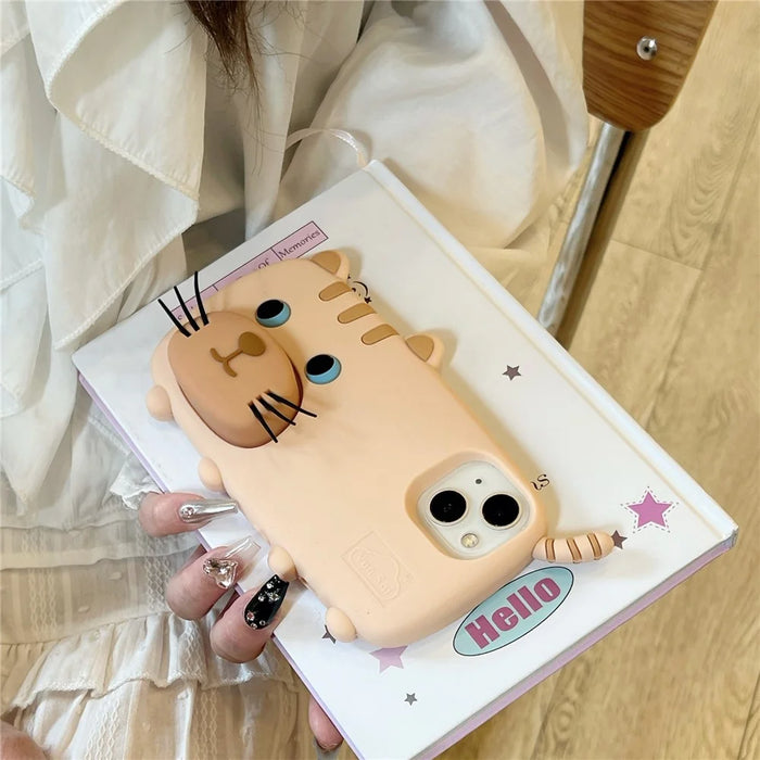 For iPhone 15 Silicone Case Cute Walking Cat Design Lens Cover Kickstand Phone Cover - 7