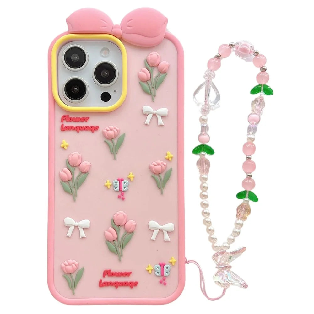For iPhone 16 Pro Max Silicone Case Cute 3D Tulip Design Shockproof Phone Back Cover with Lanyard - 1