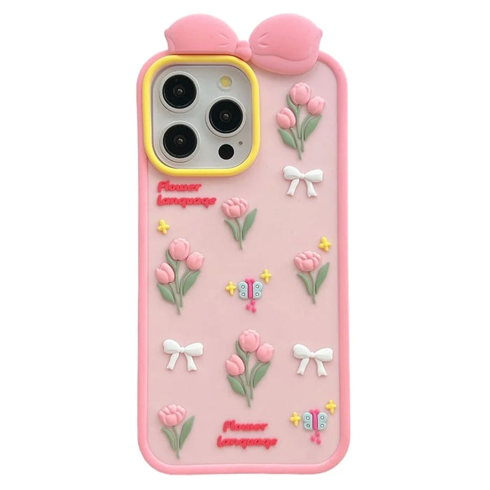 For iPhone 16 Pro Max Silicone Case Cute 3D Tulip Design Shockproof Phone Back Cover with Lanyard - 2
