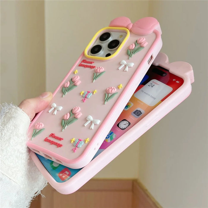For iPhone 16 Pro Max Silicone Case Cute 3D Tulip Design Shockproof Phone Back Cover with Lanyard - 4