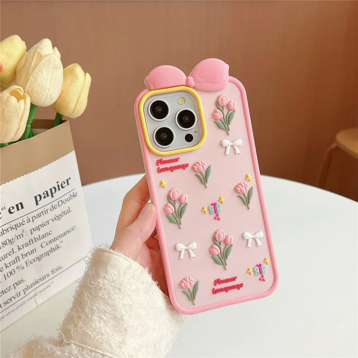 For iPhone 16 Pro Max Silicone Case Cute 3D Tulip Design Shockproof Phone Back Cover with Lanyard - 6