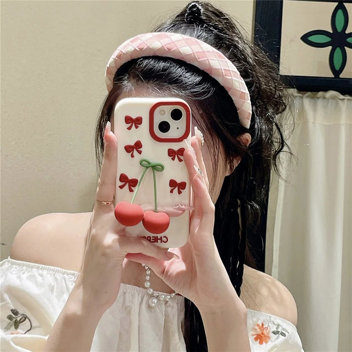 For iPhone 15 Silicone Case Cute Pendant Cherry Design Shockproof Durable Phone Back Cover - 3