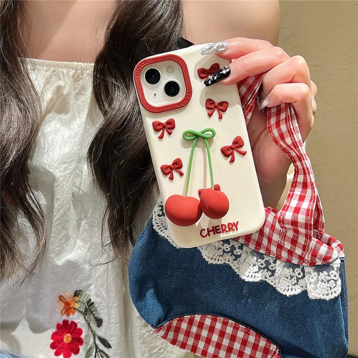 For iPhone 15 Silicone Case Cute Pendant Cherry Design Shockproof Durable Phone Back Cover - 4