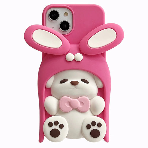 For iPhone 15 Silicone Case Cute Dopamine Dog Design Shockproof Phone Back Cover - Pink - 1