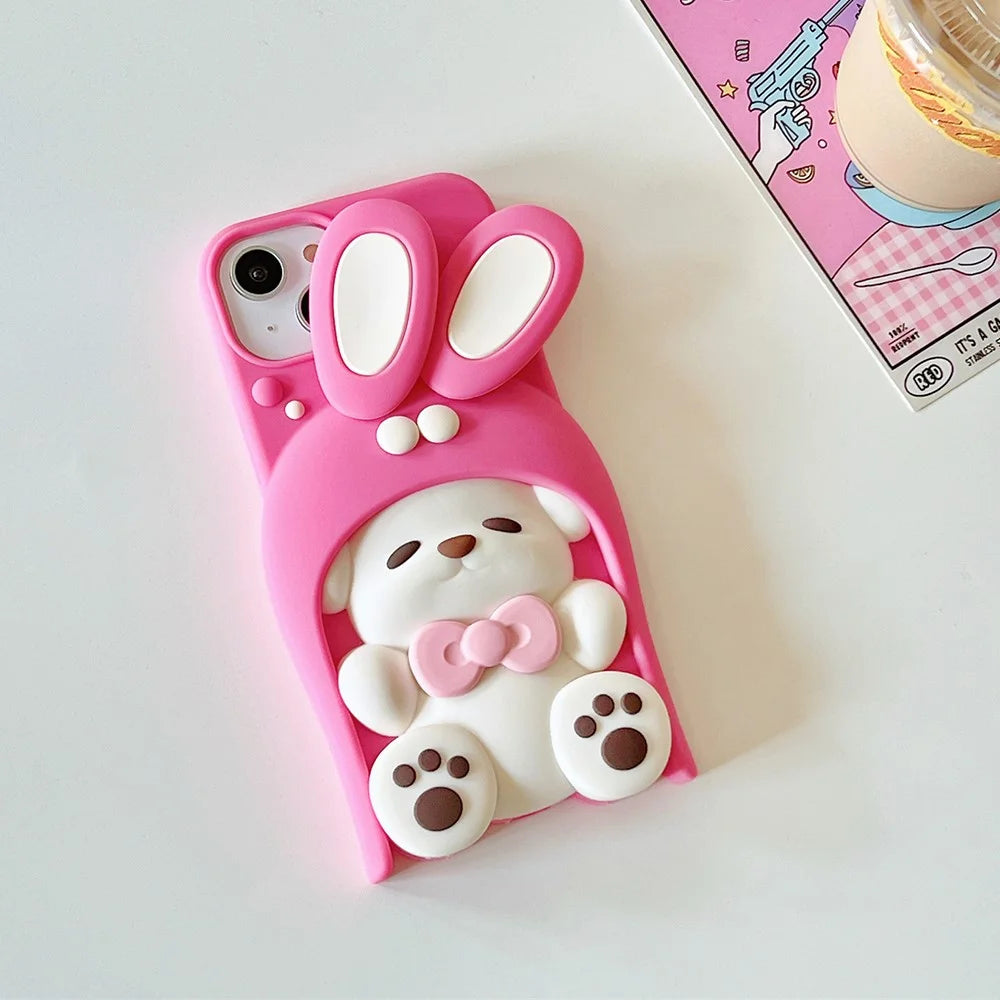 For iPhone 15 Silicone Case Cute Dopamine Dog Design Shockproof Phone Back Cover - Pink - 2