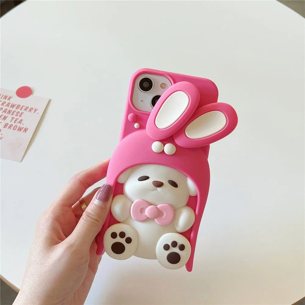 For iPhone 15 Silicone Case Cute Dopamine Dog Design Shockproof Phone Back Cover - Pink - 3