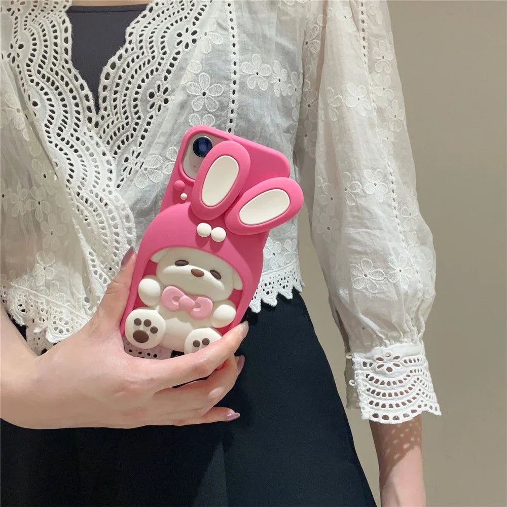 For iPhone 15 Silicone Case Cute Dopamine Dog Design Shockproof Phone Back Cover - Pink - 4
