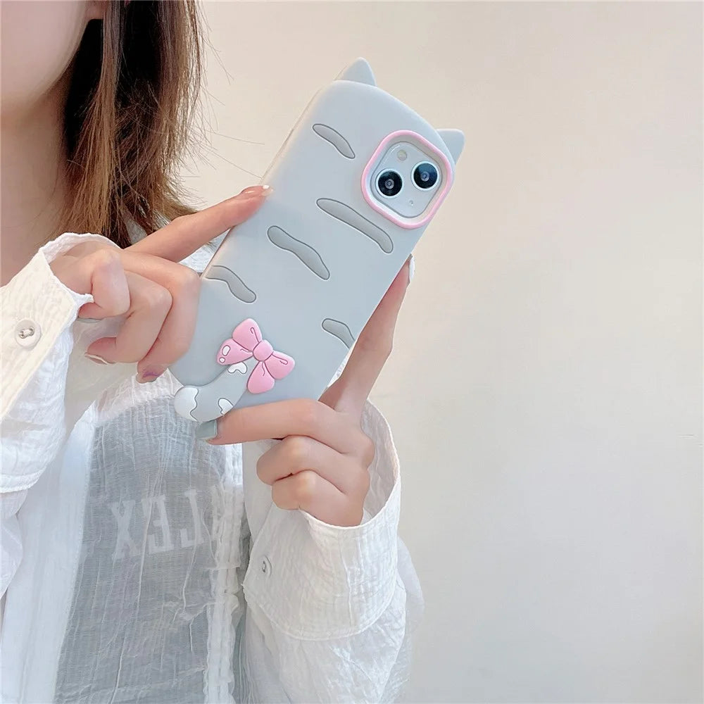 For iPhone 15 Silicone Case Cute Cat Silhouette Design Shockproof Phone Back Cover - 3