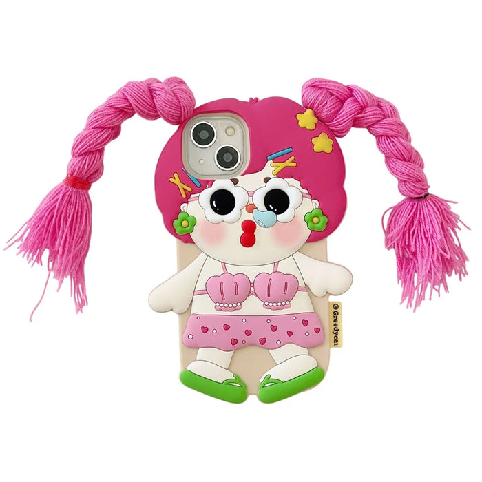 For iPhone 15 Silicone Case Cute Twin Braids Girl Design Shockproof Phone Back Cover - 1