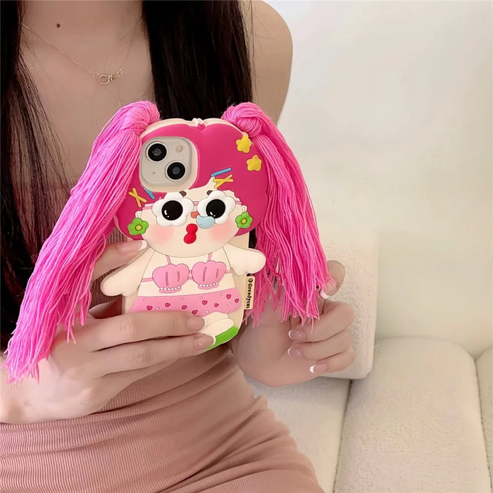 For iPhone 15 Silicone Case Cute Twin Braids Girl Design Shockproof Phone Back Cover - 3