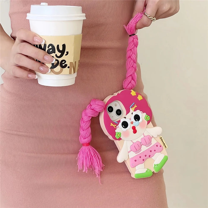 For iPhone 15 Silicone Case Cute Twin Braids Girl Design Shockproof Phone Back Cover - 4