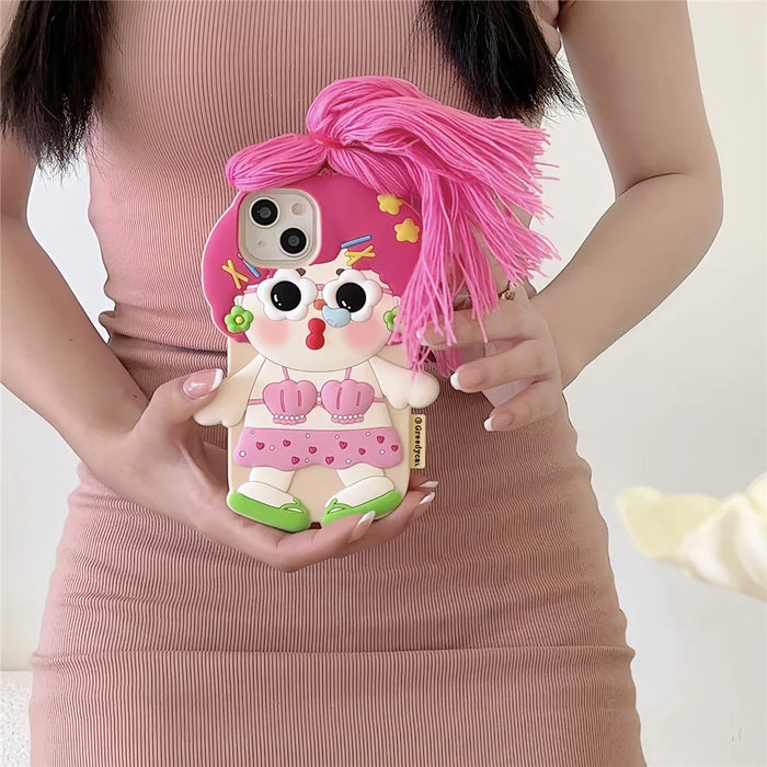 For iPhone 15 Silicone Case Cute Twin Braids Girl Design Shockproof Phone Back Cover - 5