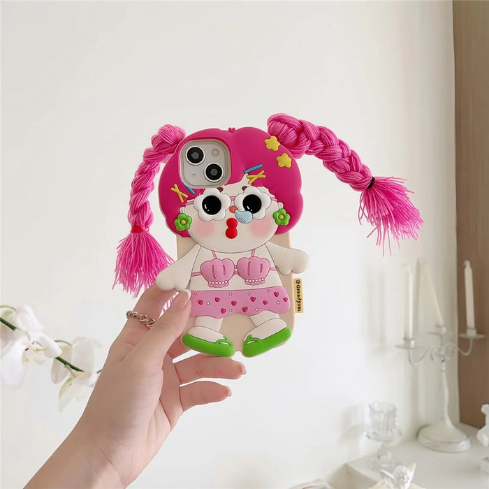 For iPhone 15 Silicone Case Cute Twin Braids Girl Design Shockproof Phone Back Cover - 7