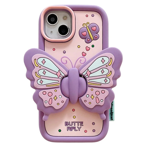 For iPhone 15 Silicone Case Cute Butterfly Kickstand Design Shockproof Phone Back Cover - Purple - 1