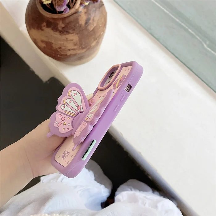 For iPhone 15 Silicone Case Cute Butterfly Kickstand Design Shockproof Phone Back Cover - Purple - 3