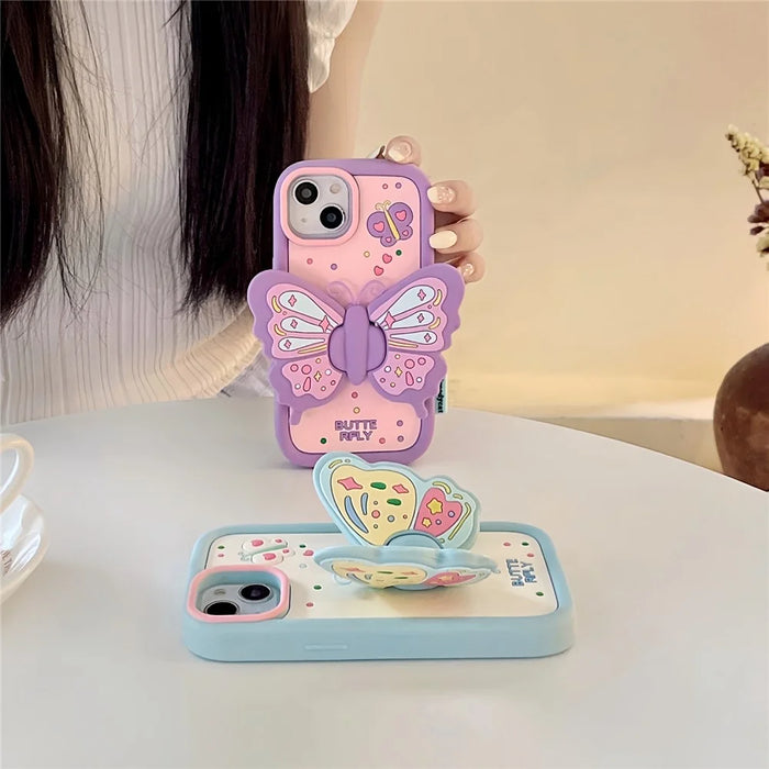 For iPhone 15 Silicone Case Cute Butterfly Kickstand Design Shockproof Phone Back Cover - Purple - 5