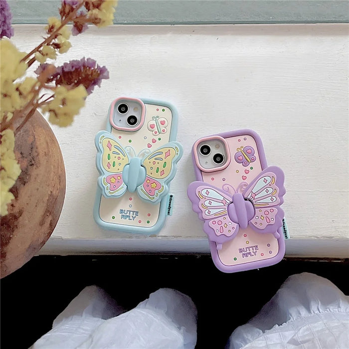 For iPhone 15 Silicone Case Cute Butterfly Kickstand Design Shockproof Phone Back Cover - Purple - 7