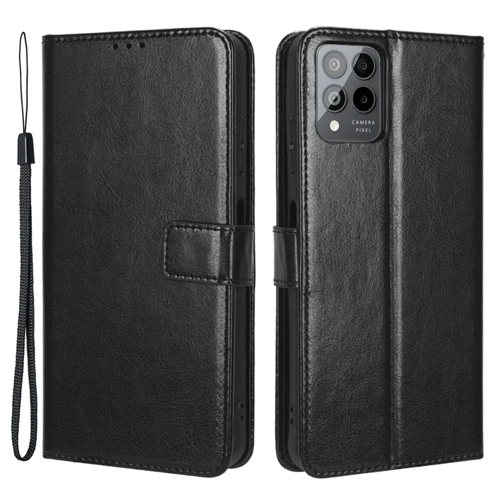 For T-Mobile REVVL 6 Pro 5G 5G / Telekom T Phone Pro 5G / T-Mobile T Phone Pro 5G Crazy Horse Texture PU Leather Shockproof Cover Foldable Stand Wallet Case - Black - 1