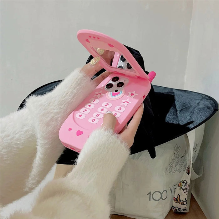 For iPhone 16 Pro Max Silicone Case Cute Pink Design Phone Back Cover with Lens Cover Kickstand Mirror - 6