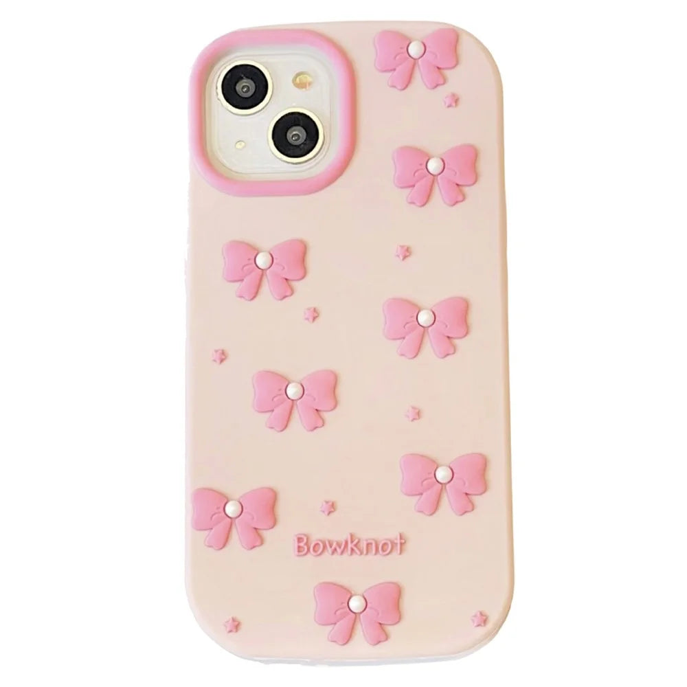 For iPhone 15 Silicone Case Cute Pearl Bow Design Shockproof Phone Back Cover - 1