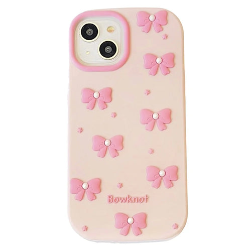 For iPhone 15 Silicone Case Cute Pearl Bow Design Shockproof Phone Back Cover - 1