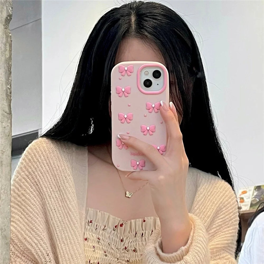 For iPhone 15 Silicone Case Cute Pearl Bow Design Shockproof Phone Back Cover - 3