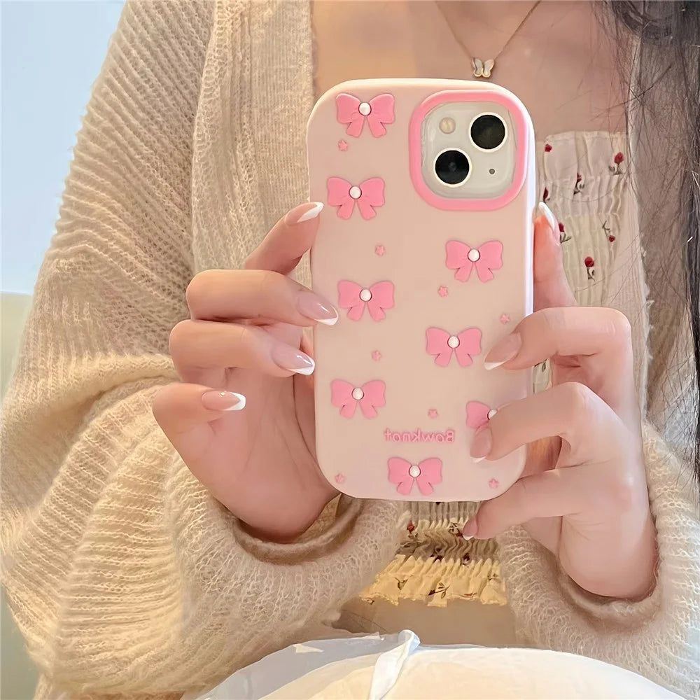 For iPhone 15 Silicone Case Cute Pearl Bow Design Shockproof Phone Back Cover - 4