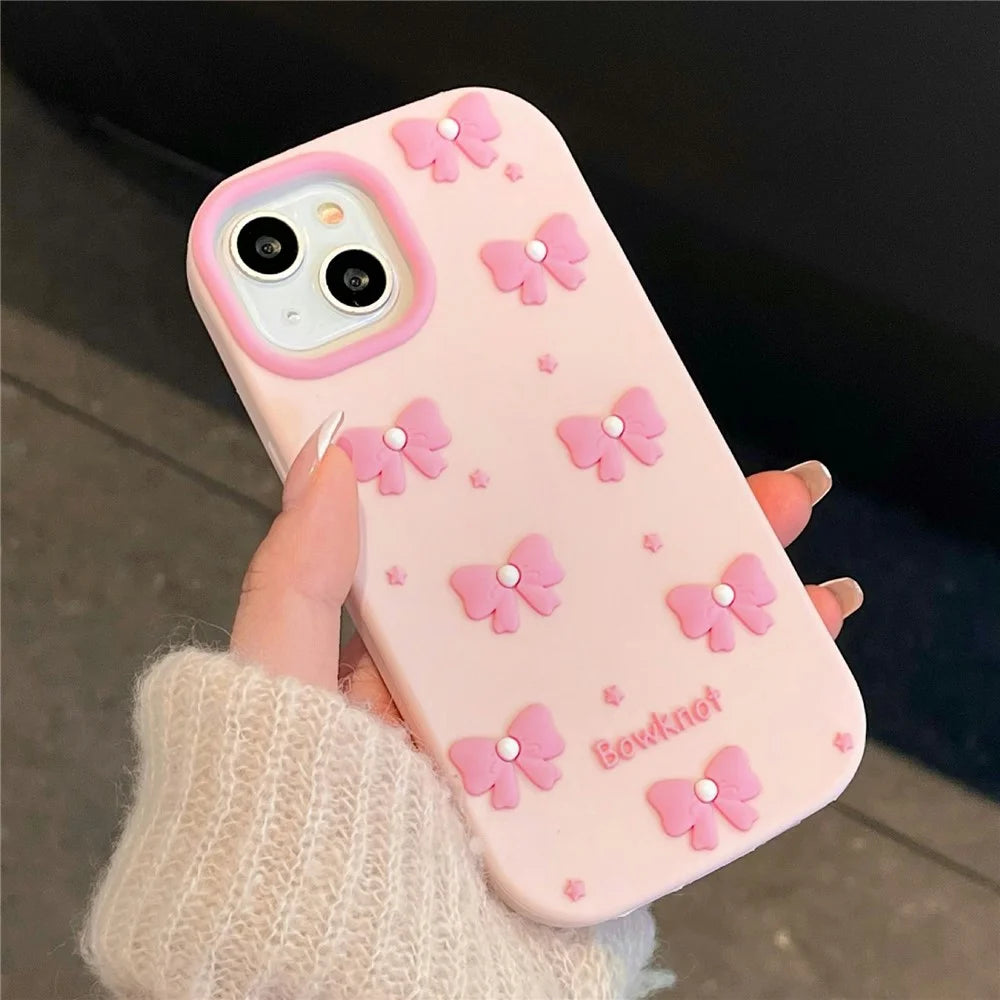 For iPhone 15 Silicone Case Cute Pearl Bow Design Shockproof Phone Back Cover - 5