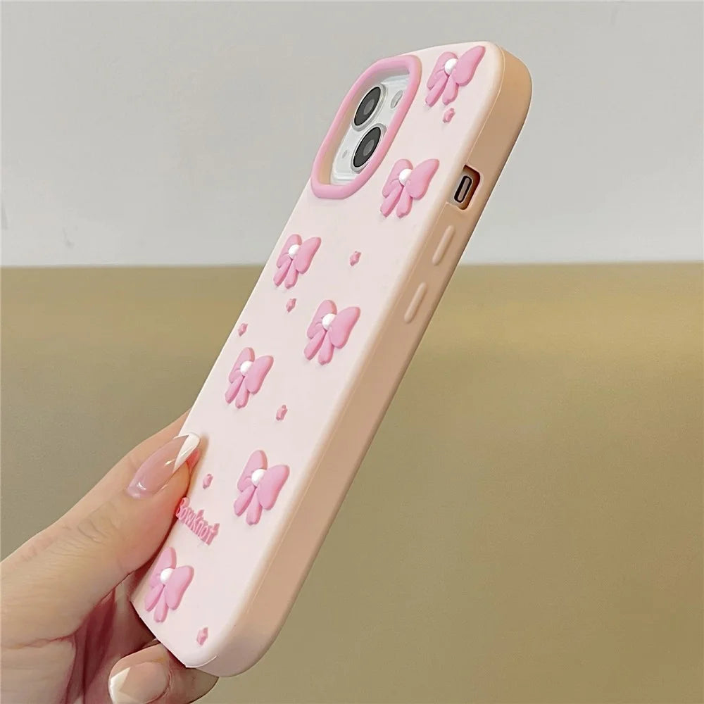 For iPhone 15 Silicone Case Cute Pearl Bow Design Shockproof Phone Back Cover - 6