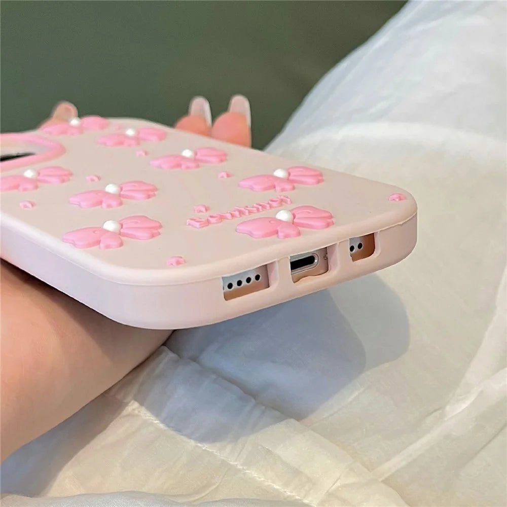 For iPhone 15 Silicone Case Cute Pearl Bow Design Shockproof Phone Back Cover - 7
