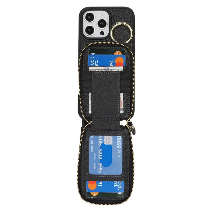 For iPhone 15 Pro Max Case with Zipper Pouch  /  Ring Kickstand  /  Strap Litchi Texture PU + TPU Phone Cover - Black - 2
