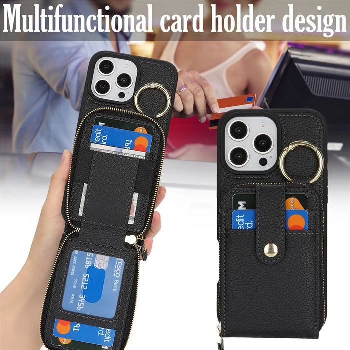 For iPhone 15 Pro Max Case with Zipper Pouch  /  Ring Kickstand  /  Strap Litchi Texture PU + TPU Phone Cover - Black - 6