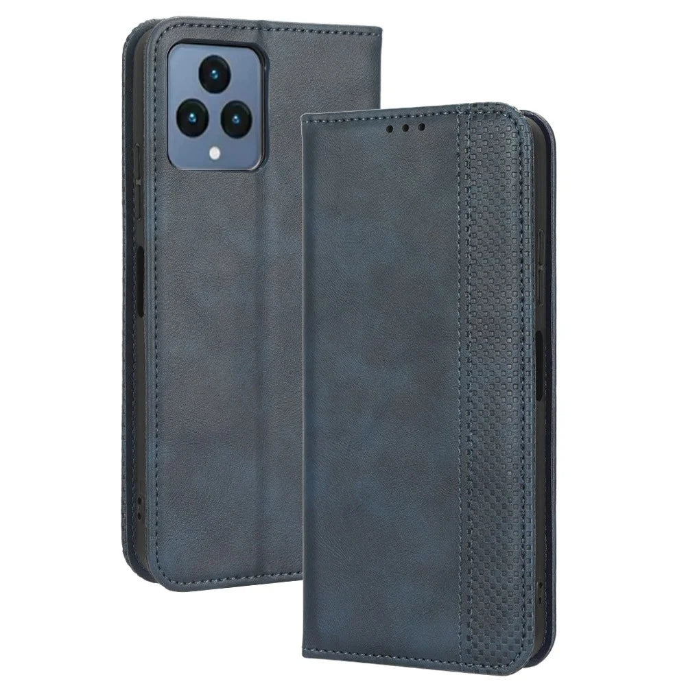 For T-Mobile REVVL 6 5G / Telekom T Phone 5G / T-Mobile T Phone 5G PU Leather Wallet Stand Folio Case Retro Texture Imprinted Pattern Magnetic Absorption Phone Cover - Blue - 1