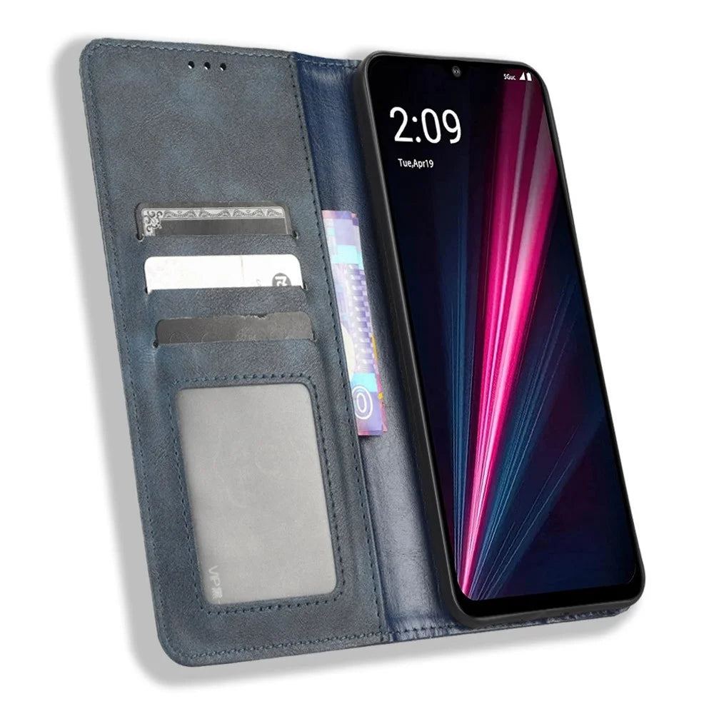 For T-Mobile REVVL 6 5G / Telekom T Phone 5G / T-Mobile T Phone 5G PU Leather Wallet Stand Folio Case Retro Texture Imprinted Pattern Magnetic Absorption Phone Cover - Blue - 2