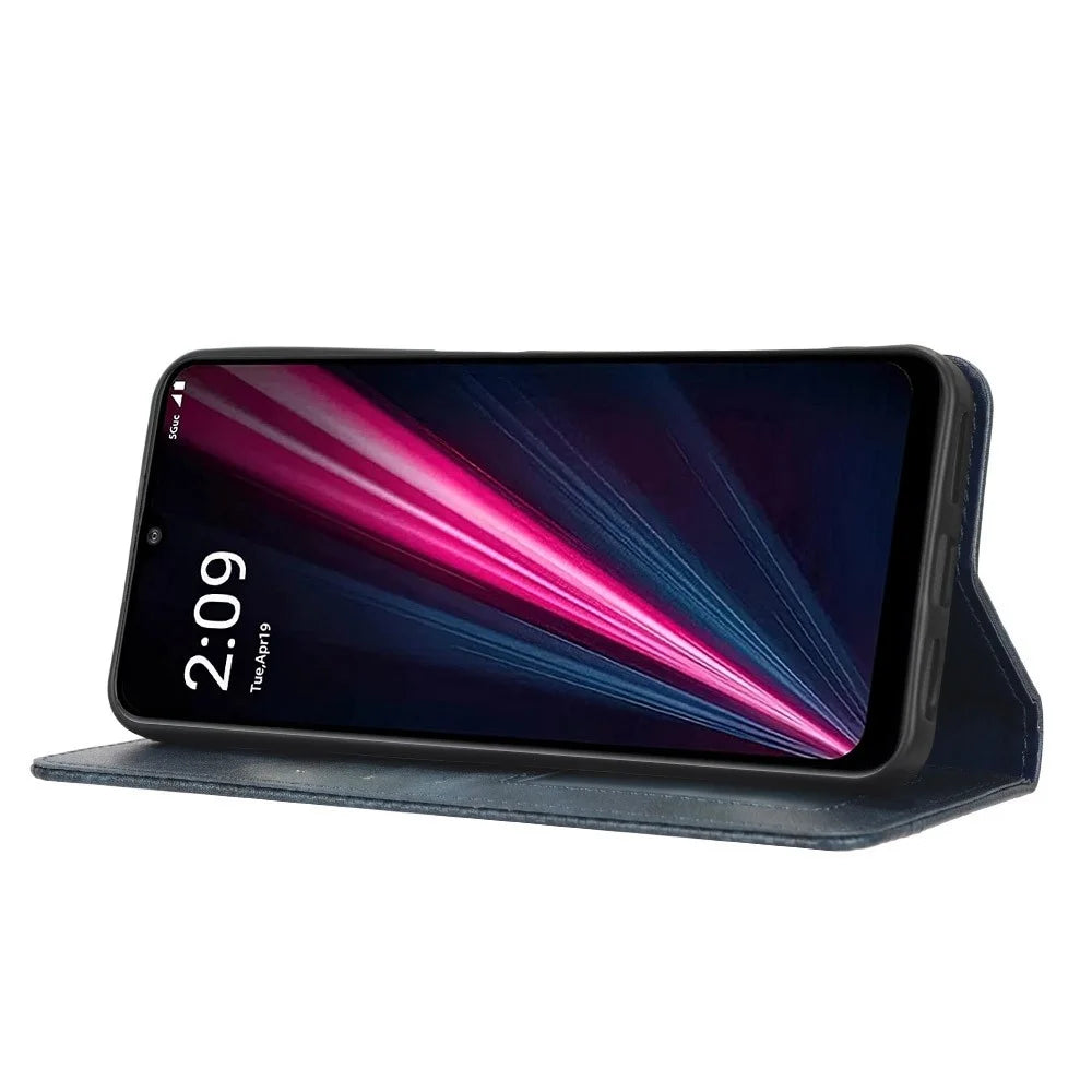 For T-Mobile REVVL 6 5G / Telekom T Phone 5G / T-Mobile T Phone 5G PU Leather Wallet Stand Folio Case Retro Texture Imprinted Pattern Magnetic Absorption Phone Cover - Blue - 3