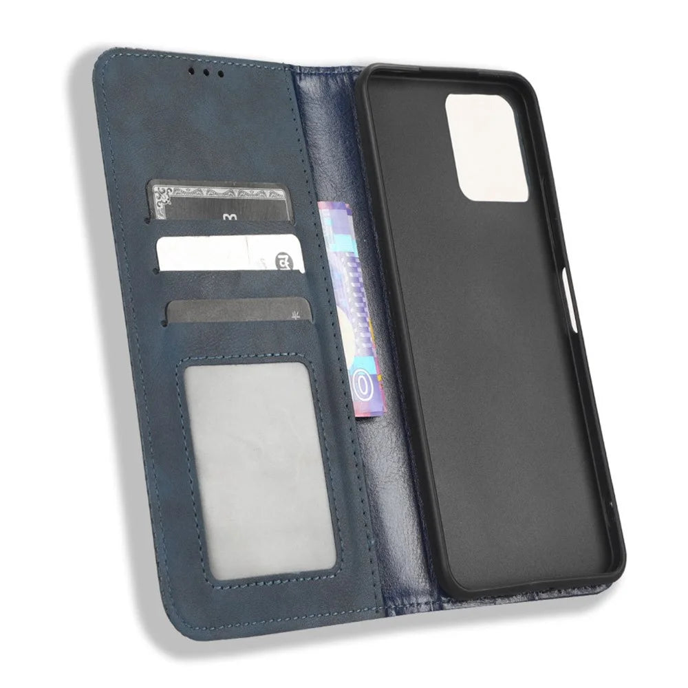 For T-Mobile REVVL 6 5G / Telekom T Phone 5G / T-Mobile T Phone 5G PU Leather Wallet Stand Folio Case Retro Texture Imprinted Pattern Magnetic Absorption Phone Cover - Blue - 4