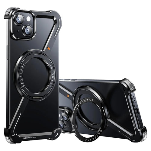 For iPhone 15 Bumper Case Z-Shape Design Magnetic Boardless Phone Back Cover with Kickstand - Black - 1