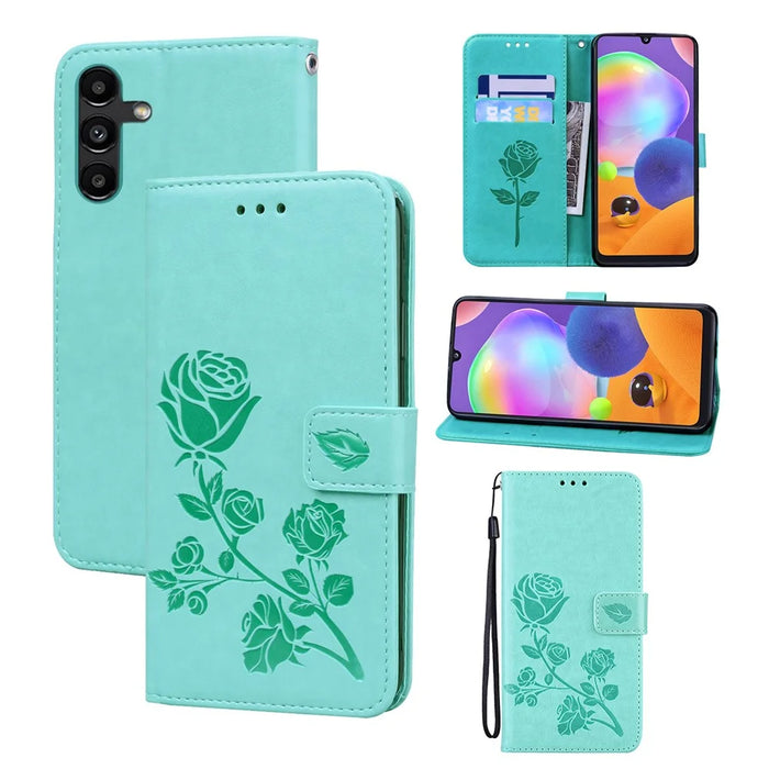 For Samsung Galaxy A36 5G Case Rose Pattern Leather Wallet Phone Cover with Strap - Green - 1