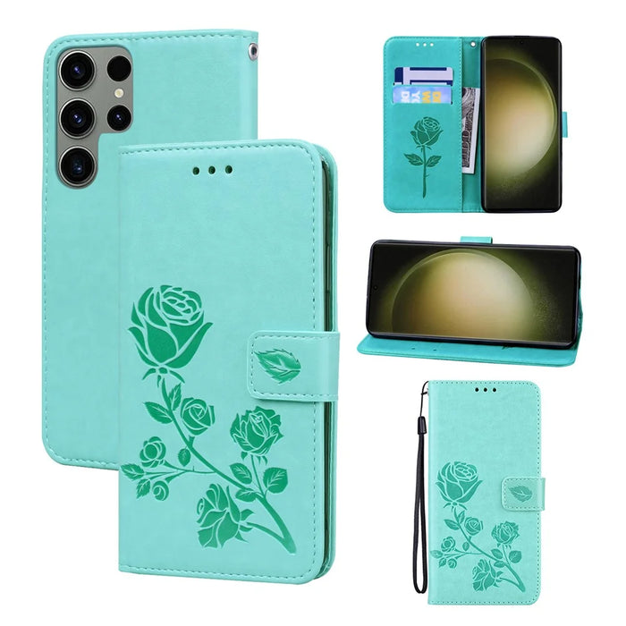 For Samsung Galaxy S25 Ultra Case Rose Pattern Leather Wallet Phone Cover with Strap - Green - 1