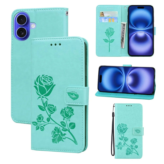 For iPhone 16 Case Rose Pattern Leather Wallet Phone Cover with Strap - Green - 1