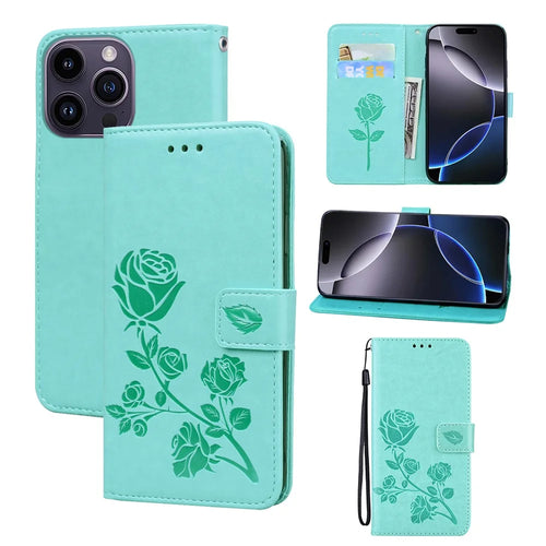 For iPhone 15 Pro Max Case Rose Pattern Leather Wallet Phone Cover with Strap - Green - 1