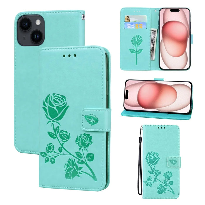 For iPhone 15 Case Rose Pattern Leather Wallet Phone Cover with Strap - Green - 1