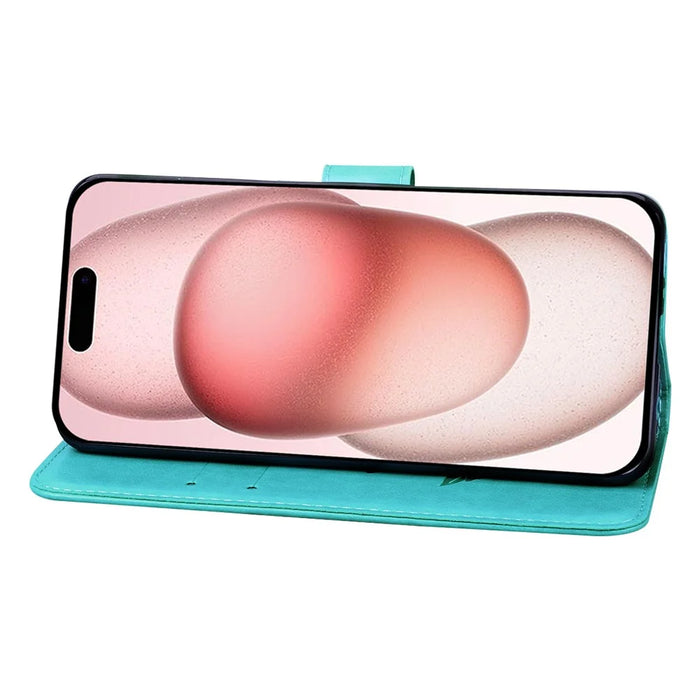 For iPhone 15 Case Rose Pattern Leather Wallet Phone Cover with Strap - Green - 2