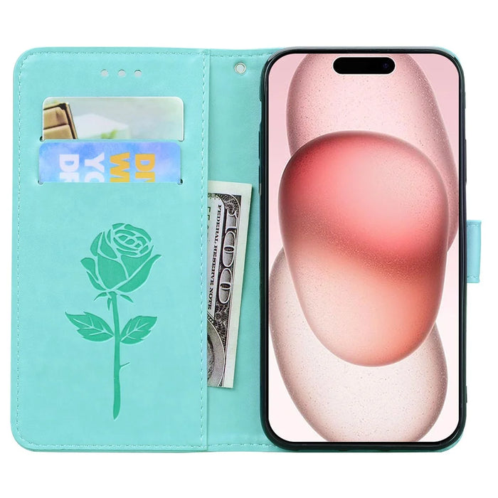 For iPhone 15 Case Rose Pattern Leather Wallet Phone Cover with Strap - Green - 3