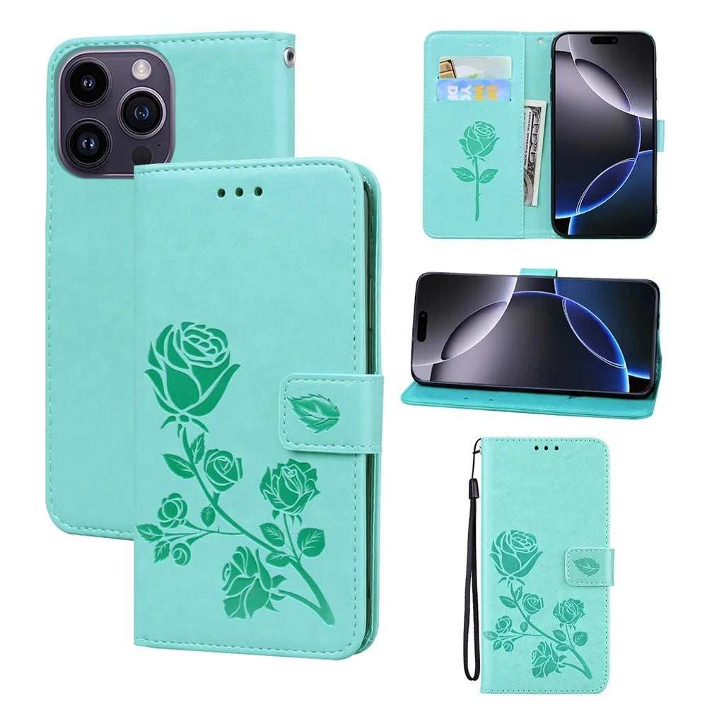 For iPhone 14 Pro Max Case Rose Pattern Leather Wallet Phone Cover with Strap - Green - 1