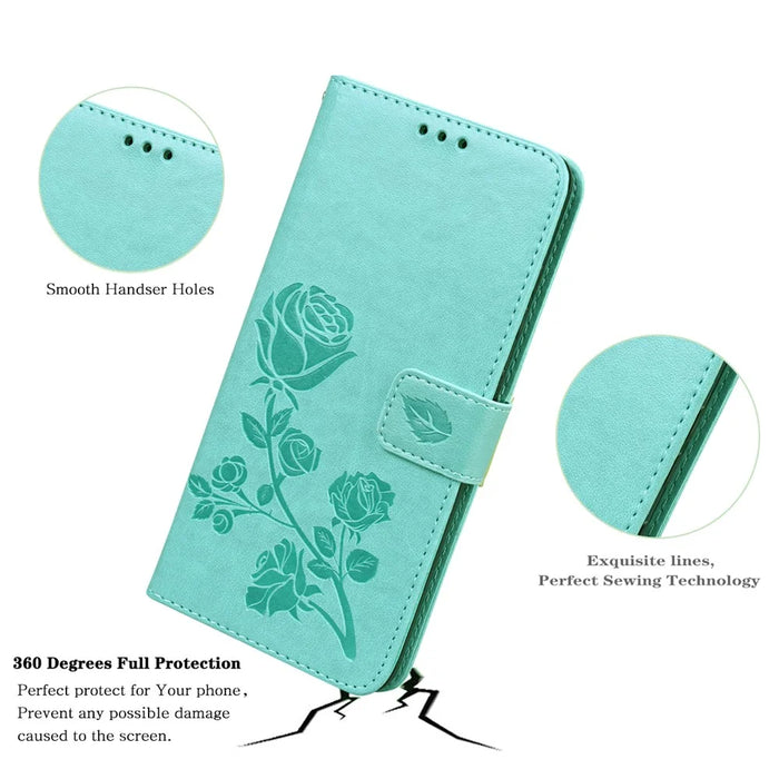 For Samsung Galaxy A35 5G Case Rose Pattern Leather Wallet Phone Cover with Strap - Green - 3