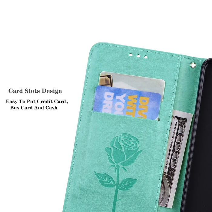 For Samsung Galaxy A35 5G Case Rose Pattern Leather Wallet Phone Cover with Strap - Green - 6