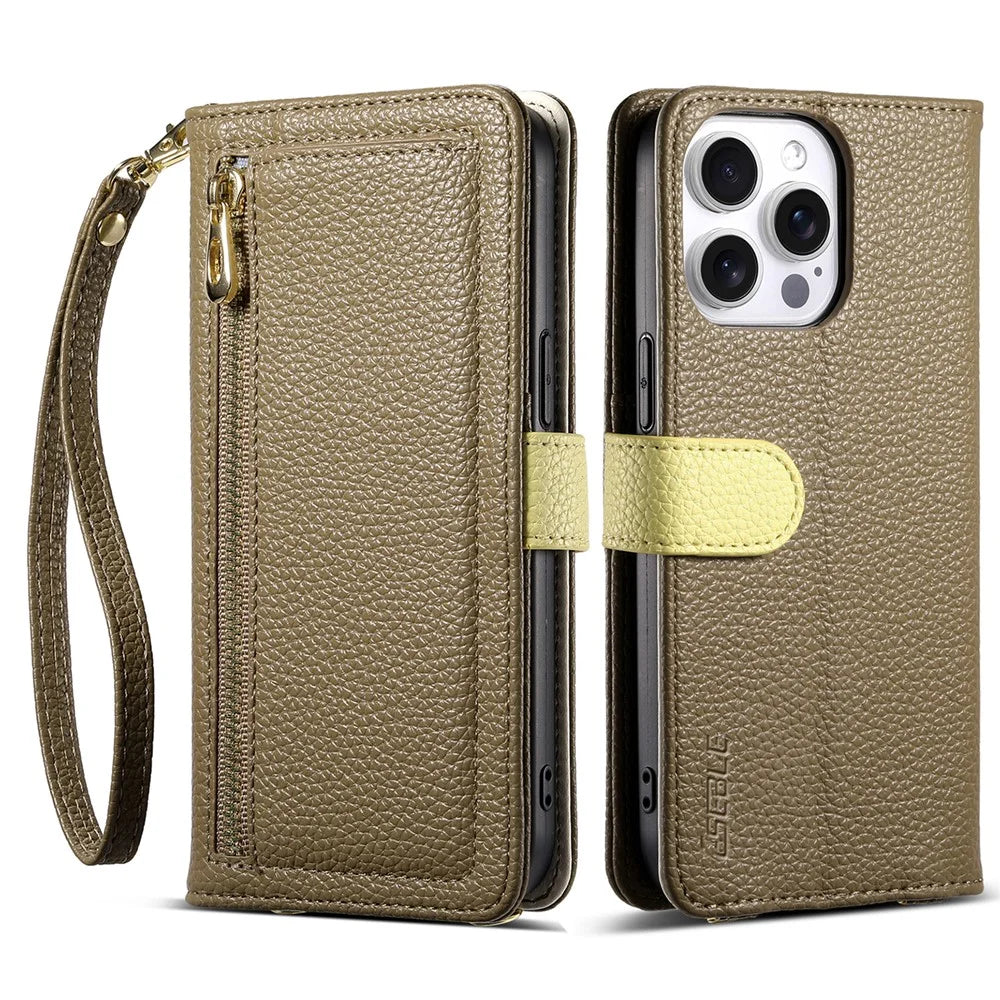 ESEBLE E11 For iPhone 16 Pro Max Case Zipper Pocket Litchi Texture Leather Phone Cover with Mirror and Wrist Strap - Brown - 1