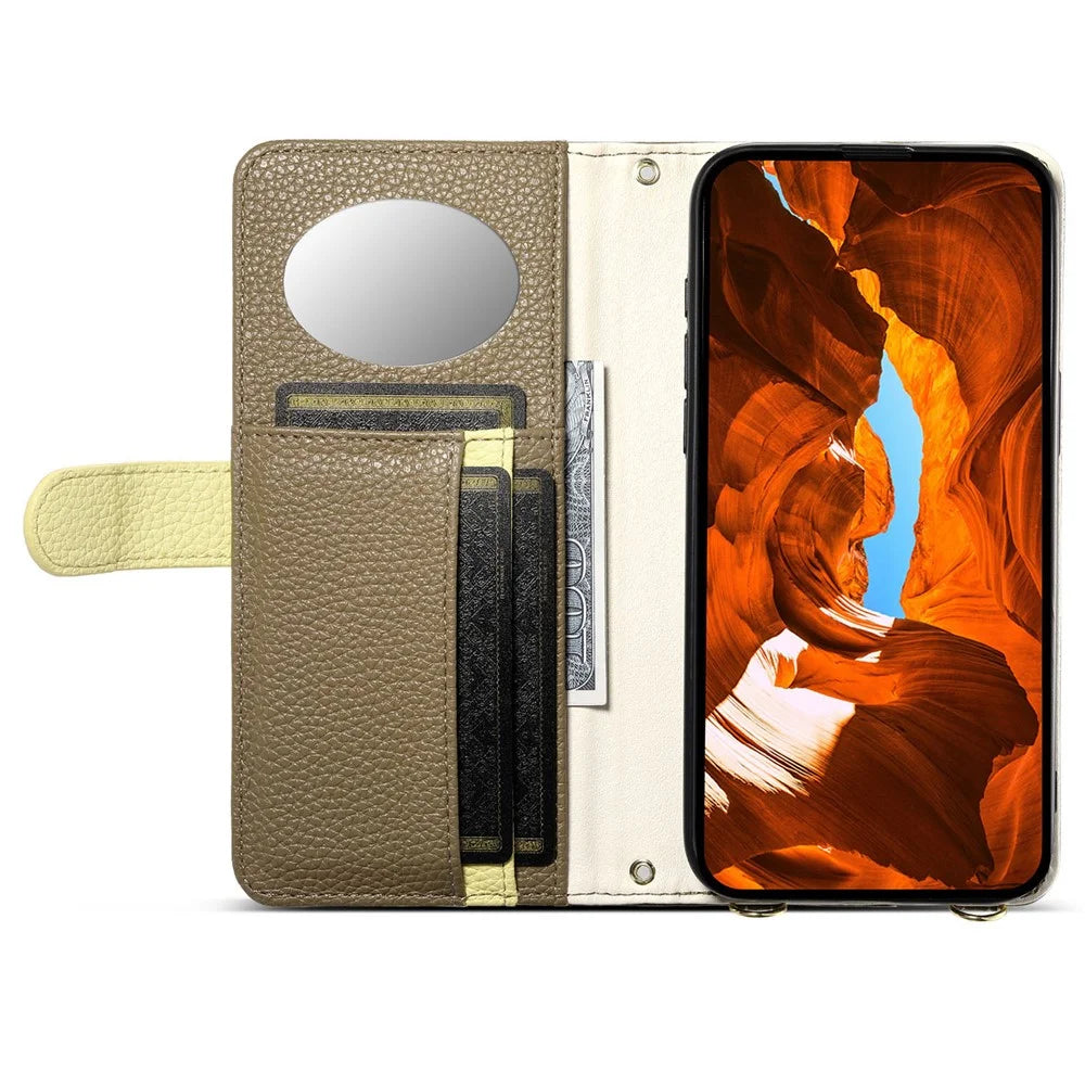 ESEBLE E11 For iPhone 16 Pro Max Case Zipper Pocket Litchi Texture Leather Phone Cover with Mirror and Wrist Strap - Brown - 3